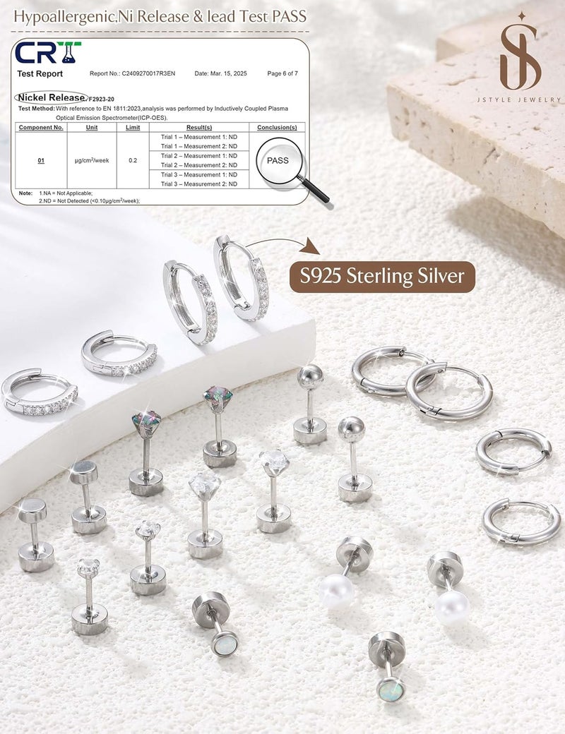 Jstyle Hypoallergenic Stud Hoop Earrings for Women Small Flat Back Surgical Stainless Steel Earrings for Sensitive Ears Trendy Silver Hoops Cartilage Earring Stacks Set Multiple Piercing Jewelry Gifts - Image 3